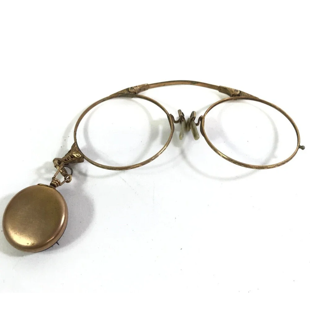 Antique Varcity Prince Nez Eyeglasses Frames and Chain Gold Filled Filigree 1910